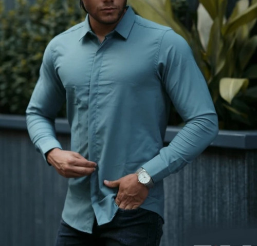 پیراهن مردانه دکمه مخفی جنس دوشین رنگ صابونی