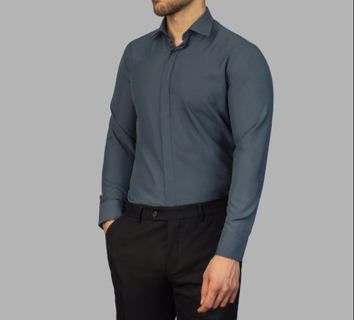 پیراهن مردانه دکمه مخفی جنس دوشین رنگ زغال سنگی