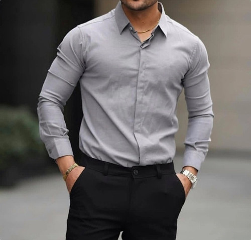 پیراهن مردانه دکمه مخفی جنس دوشین رنگ طوسی