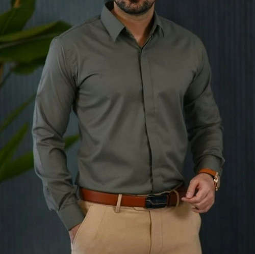 پیراهن مردانه دکمه مخفی جنس دوشین رنگ یشمی