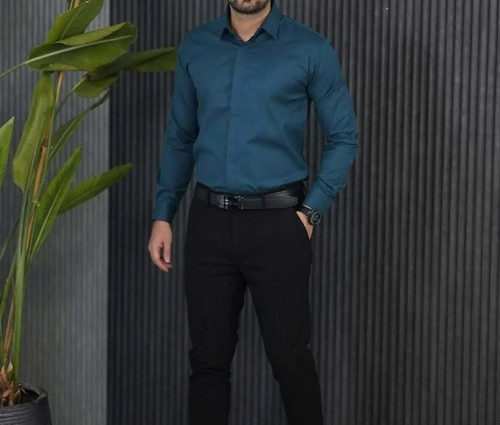 پیراهن مردانه دکمه مخفی جنس دوشین رنگ کله غازی