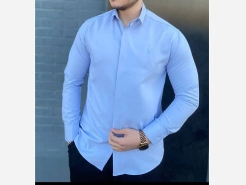 پیراهن مردانه دکمه مخفی جنس دوشین رنگ آبی