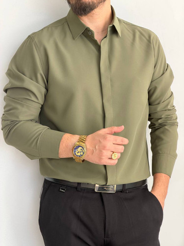 پیراهن مردانه دکمه مخفی جنس دوشین رنگ سدری