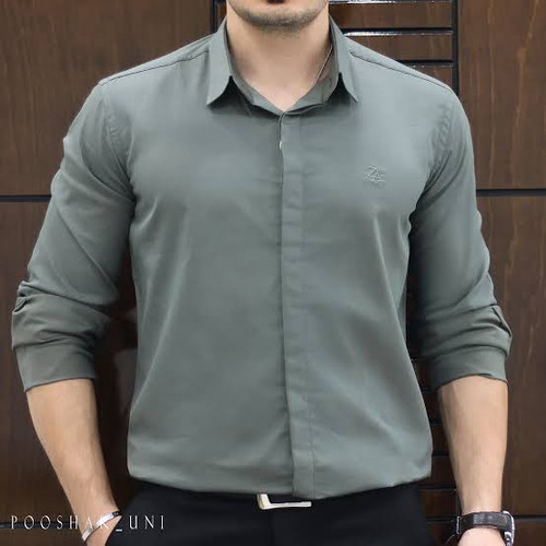 پیراهن مردانه دکمه مخفی جنس دوشین رنگ طوسی