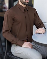 پیراهن مردانه دکمه مخفی جنس دوشین رنگ قهوهای