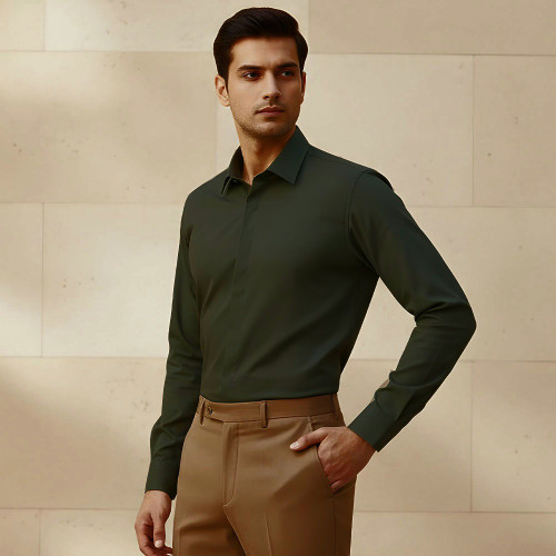 پیراهن مردانه دکمه مخفی جنس دوشین رنگ سبز لجنی
