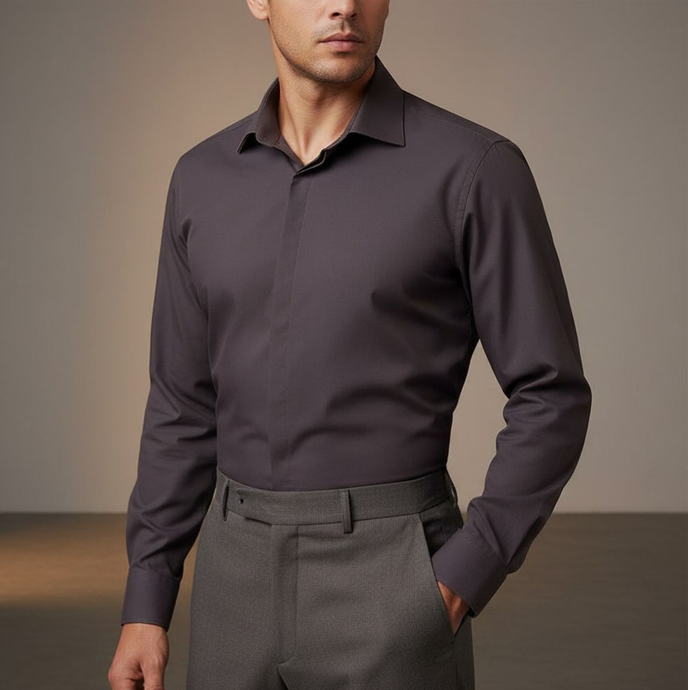 پیراهن دوشین دکمه مخفی مردانه رنگ بادمجانی تیره