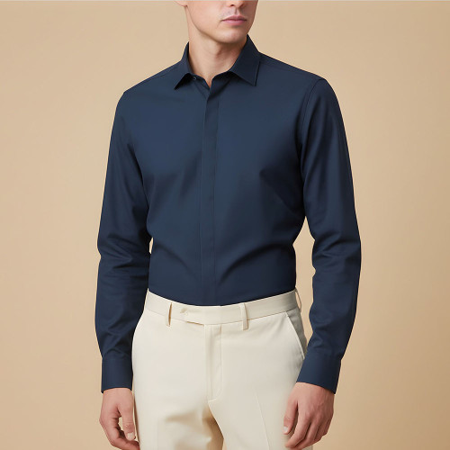 پیراهن مردانه دکمه مخفی جنس دوشین رنگ سورمهای