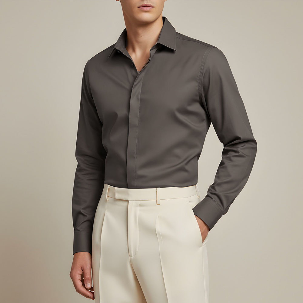 پیراهن مردانه دکمه مخفی جنس دوشین رنگ قهوهای